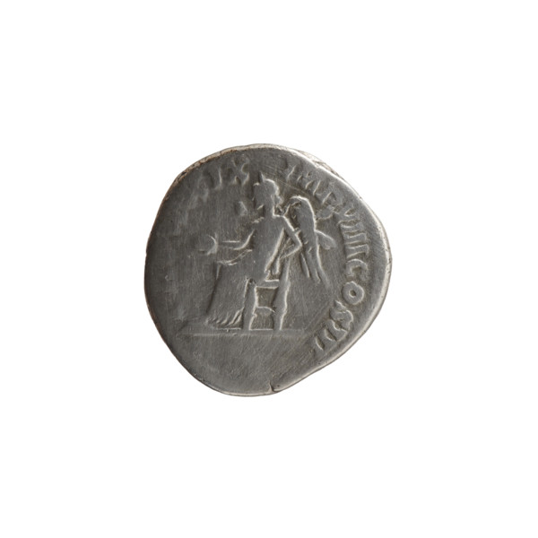 Denarius of Marcus Aurelius (121–180; Roman emperor 161–180). Obverse: Head of Marcus Aurelius in a