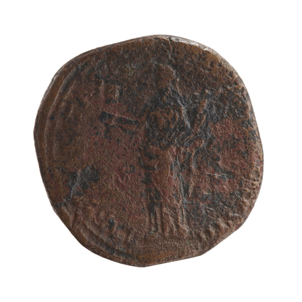 Sestertius of Marcus Aurelius (121–180 CE; Roman emperor 161–180), obverse: head of Marcus Aurelius