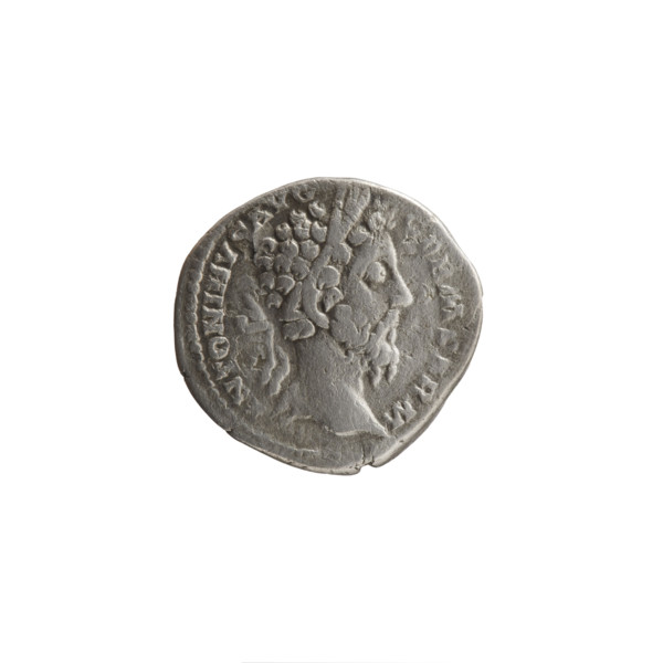 Denarius of Marcus Aurelius (121–180; Roman emperor 161–180). Obverse: Head of Marcus Aurelius in
