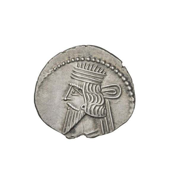 Drachma of Vologases I (51–79). Obverse: bust of Vologases I facing left, wearing a diadem, with a