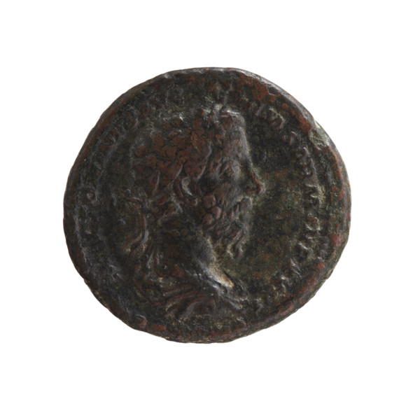 Bust of Marcus Aurelius in laurel wreath, armor and drapery facing right, inscription 'M ANTONINVS