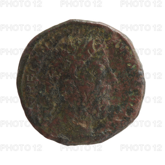 Sestertius of Marcus Aurelius (121–180; Roman emperor 161–180). Obverse: Head of Marcus Aurelius