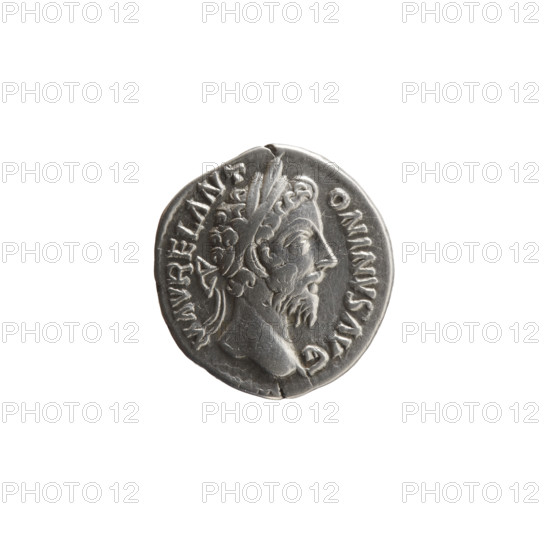 Denarius of Marcus Aurelius (121–180; Roman emperor 161–180). Obverse: Head of Marcus Aurelius with