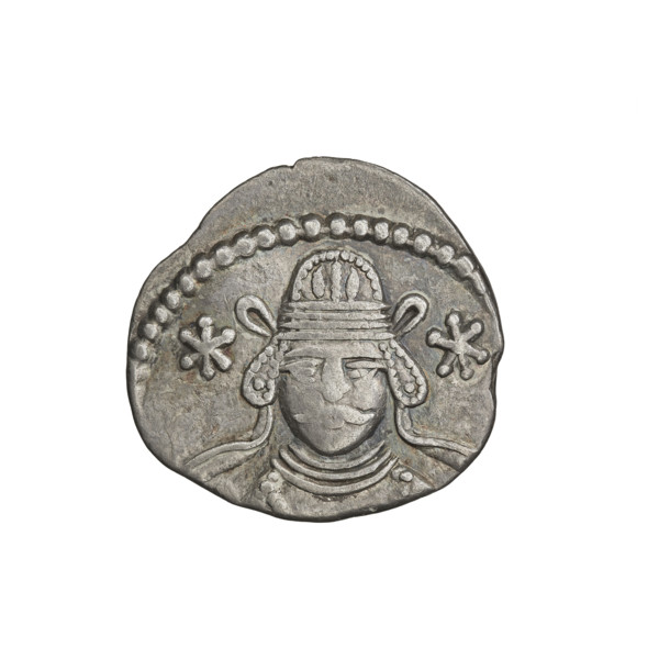 drachma, Vardanes II (55–58), bows (armed), stars, Parthian Kingdom, Iran. Obv.: head of Vardanes