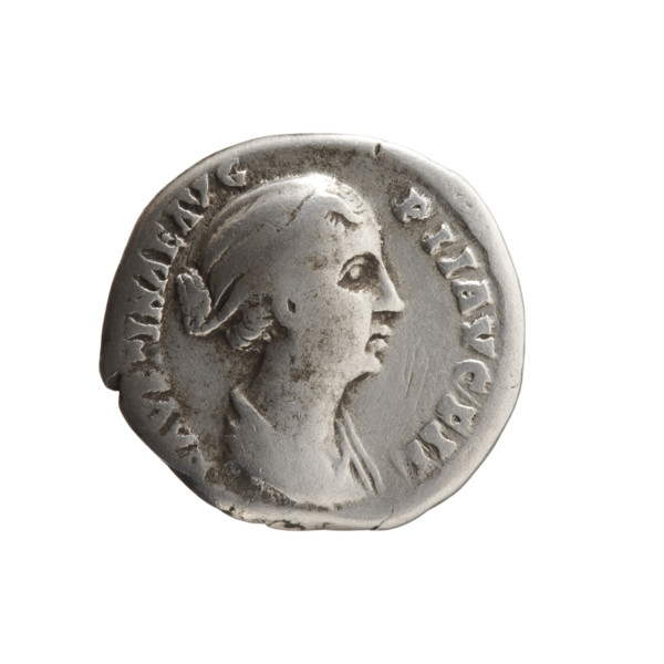 Denarius of Faustina the Younger (ca. 130–176; Roman empress 161–176). Obverse: draped bust of