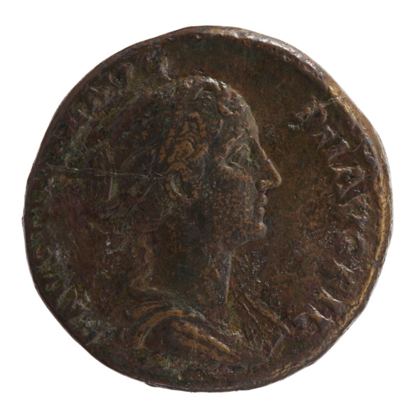 Sestertius of Faustina the Younger (ca. 130–176; Roman empress 161–176; Augusta 147–161). Obverse: