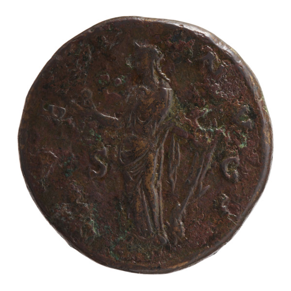 Sestertius of Faustina the Younger (ca. 130–176; Roman empress 161–176; Augusta 147–161). Obverse: