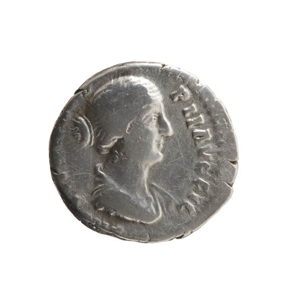 Denarius of Faustina the Younger (ca. 130–176; Roman empress 161–176). Obverse: Draped bust of