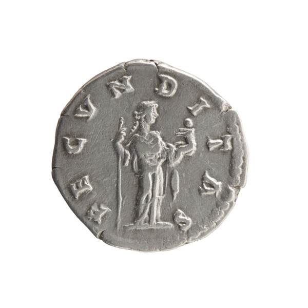 Denarius; obverse: bust of Faustina II in drapery facing right, inscription 'FAVSTINA - AVGVSTA';