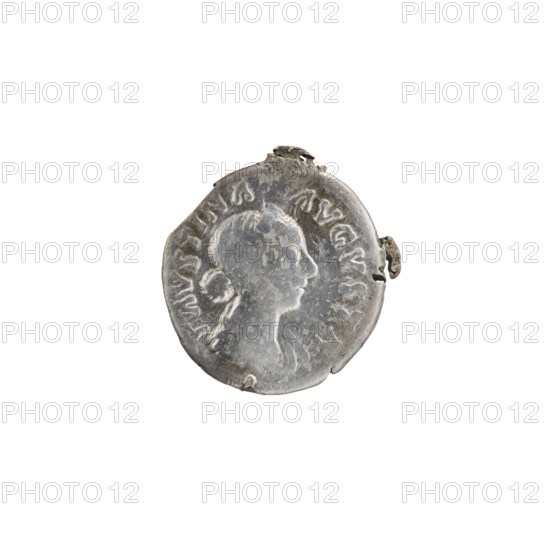 Denarius (element of decoration). Obverse: Bust of Faustina the Younger (ca. 130–176; Roman empress