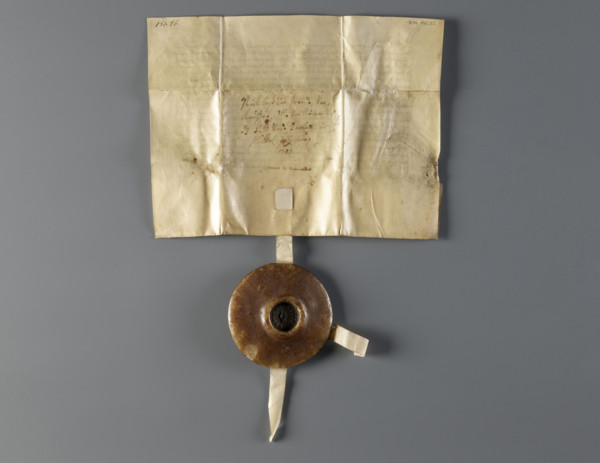 Majestic wax seal with a document: Agnieszka (Duchess of Swidnica; 1368–1392). Princely/rulers'