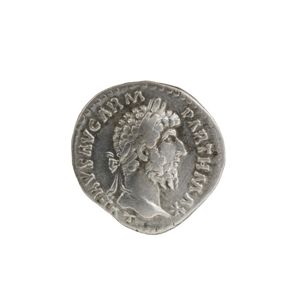 Denarius of Lucius Verus (130–169; Roman emperor 161–169). Obverse: Head of Lucius Verus in laurel