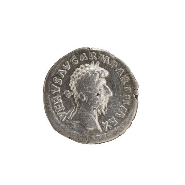 Denarius of Lucius Verus (130–169; Roman emperor 161–169), issued 165. Obverse: Head of Lucius