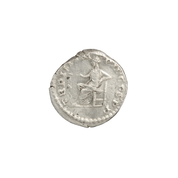 Denarius of Commodus (reign 177–192). Obverse: Bust of Commodus wearing laurel wreath, drapery and