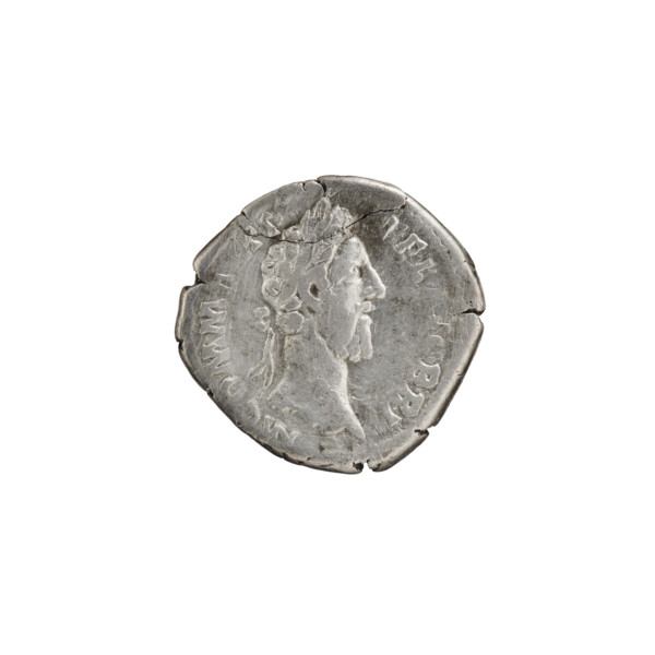 Denarius of Commodus (161–192; Roman emperor 177–192). Obverse: Head of Commodus in a laurel wreath