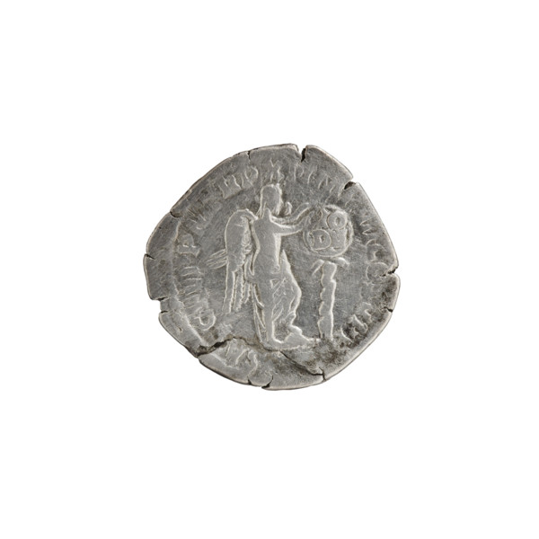 Denarius of Commodus (161–192; Roman emperor 177–192). Obverse: head of Commodus in a laurel wreath