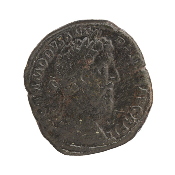 Sestertius of Commodus (161–192; Roman emperor 177–192). Obverse: Head of Commodus in a laurel