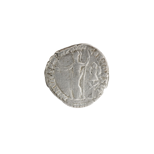 Denarius of Commodus (161–192; Roman emperor 177–192). Obverse: Head of Commodus in a laurel wreath