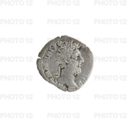 Denarius of Commodus (161–192; Roman emperor 177–192). Obverse: Head of Commodus in a laurel wreath