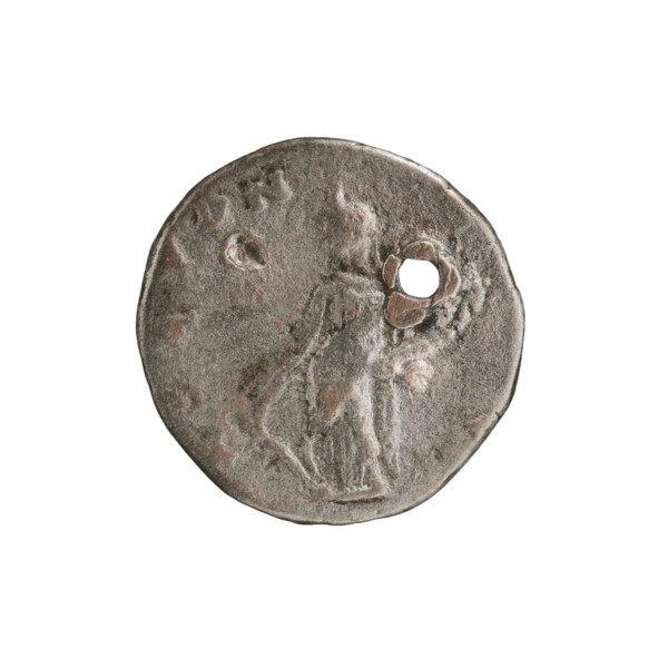 Denarius (with a hole). Obverse: Head of Septimius Severus with a laurel wreath facing right, pearl