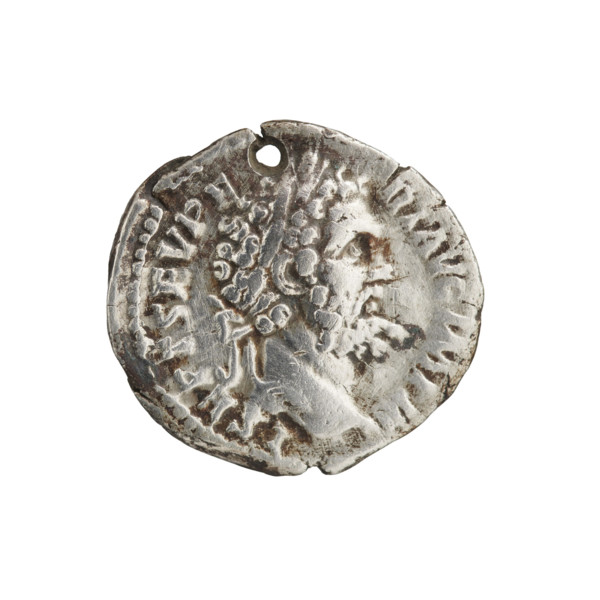 Denarius (with a hole). Obverse: Head of Septimius Severus in a laurel wreath facing right,