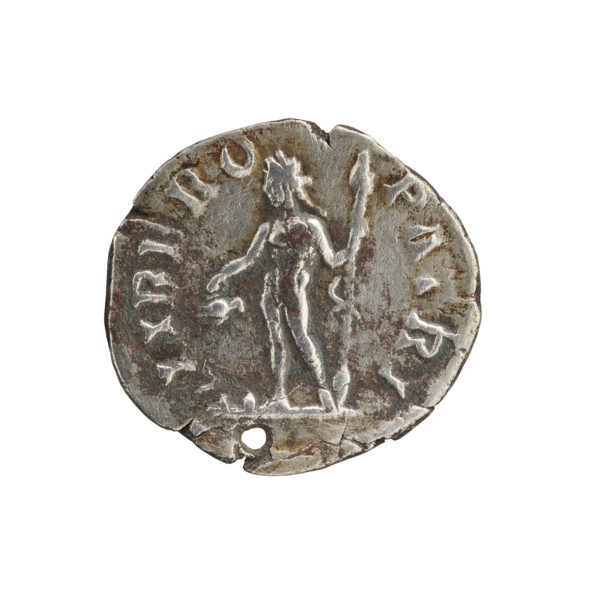 Denarius (with a hole). Obverse: Head of Septimius Severus in a laurel wreath facing right,