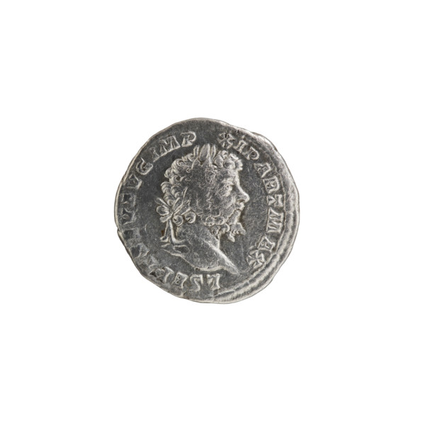 Denarius; obverse: head of Septimius Severus in a laurel wreath facing right, pearl rim, inscribed
