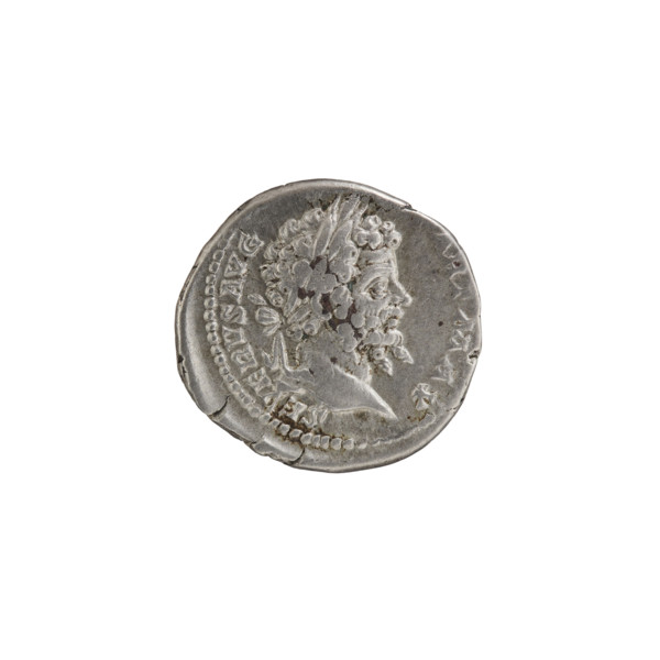 Denarius, head of Septimius Severus with laurel wreath facing right (Obv. inscription: SEVERVSAVG),