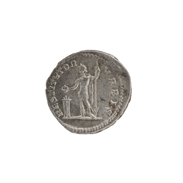 Denarius, Septimius Severus (Roman Emperor; 146–211) — iconography: tripods; emperor standing in