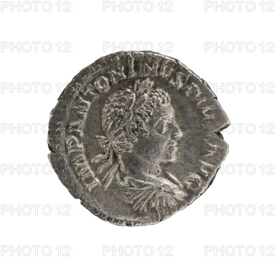 Denarius, Elagabalus (204–222; Roman emperor 218–222). Obverse: Bust of Elagabalus with laurel
