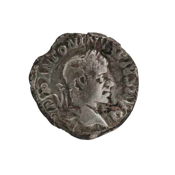 Denarius of Elagabalus (reigned 218–222 CE), Roman Empire. Obverse: Head of Elagabalus with laurel