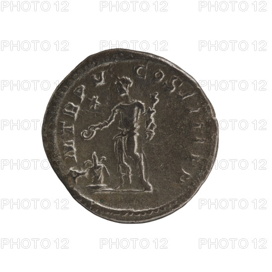 Denarius of Elagabalus (reigned 218–222 CE), Roman Empire. Obverse: Bust of Elagabalus with laurel