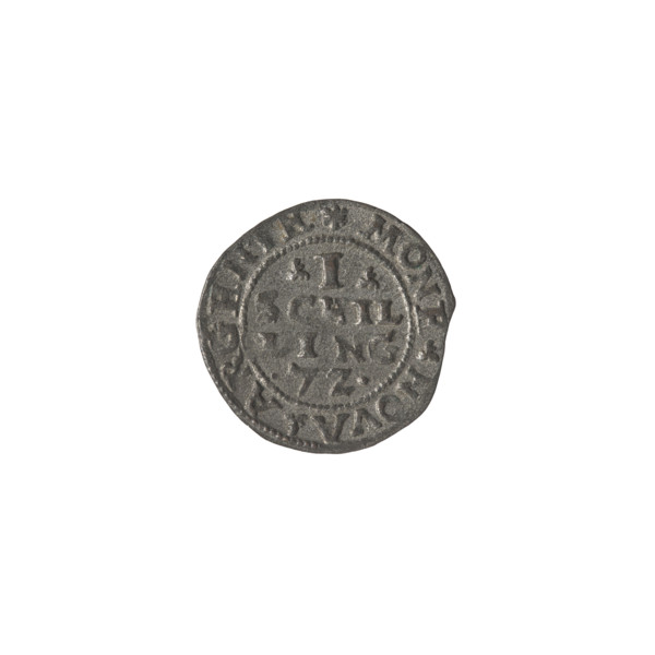 Livonian szelag; issuer: Chodkiewicz, Jan Hieronimowicz (ca. 1537–1579), administrator of Livonia;