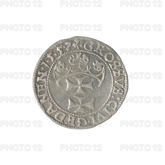 Gdansk grosz, Sigismund II Augustus (King of Poland; 1544–1572). Obverse: Crowned male bust in