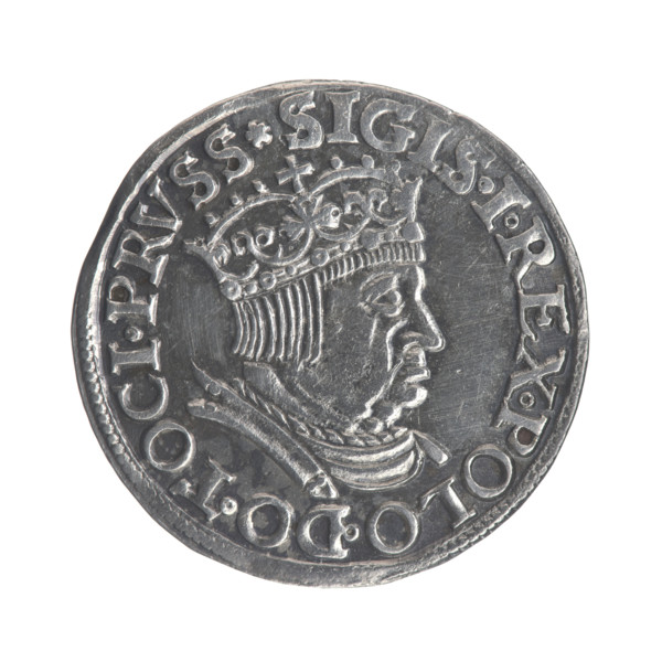 Gdansk trojak, Sigismund I the Old (King of Poland; 1506–1548). Obverse: Crowned male bust in