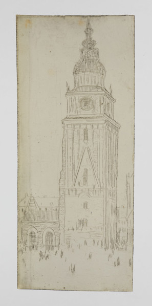 Town hall tower in Krakow with neo-Gothic guardhouse, Feliks Jablczynski (1865–1928), graphic