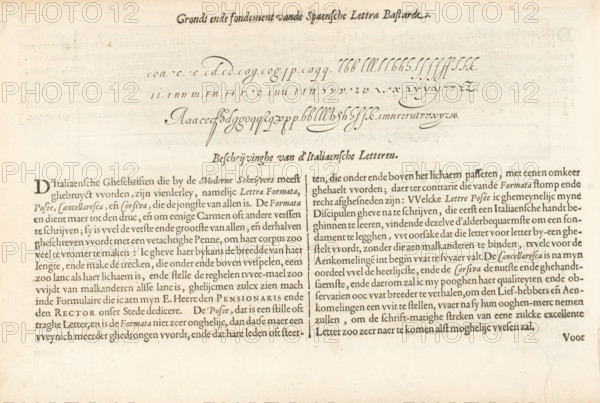 Writing example of the Spaensche Lettera Bastarde and the beginning of the description about the
