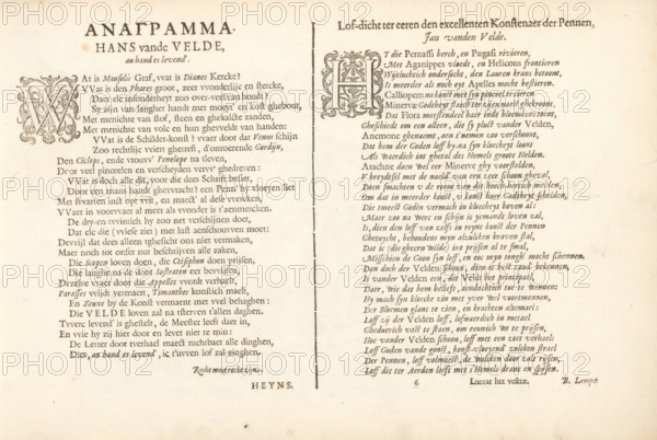 Anagramma Hans vande Velde, *Lof-dicht ter eeren den excellenten konstenaer der pennen*, *Twee