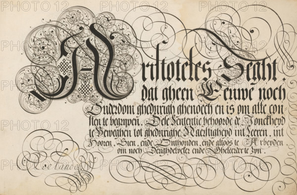 Writing sample: Aristoteles Seght, 't Magazin oft pac-huys der loffelycker penn-const, print, album