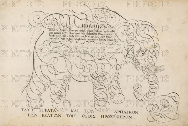 Writing sample with an elephant in scrollwork, 't Magazin oft pac-huys der loffelycker penn-const,