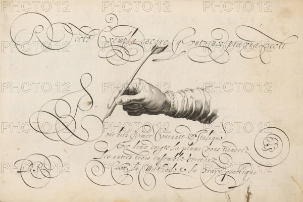 Recte Exempla docere, Right hand with a quill pen, 't Magazin oft pac-huys der loffelycker