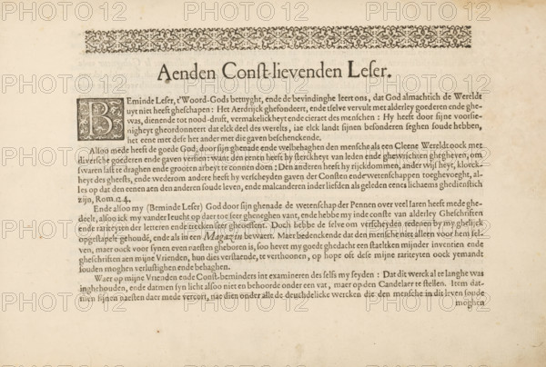 To the reader, page 1 of 4, To the const-lievenden leser, 't Magazin oft pac-huys der loffelycker