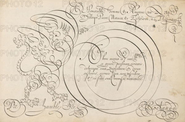 Writing sample with a griffin in scrollwork, 't Magazin oft pac-huys der loffelycker penn-const,