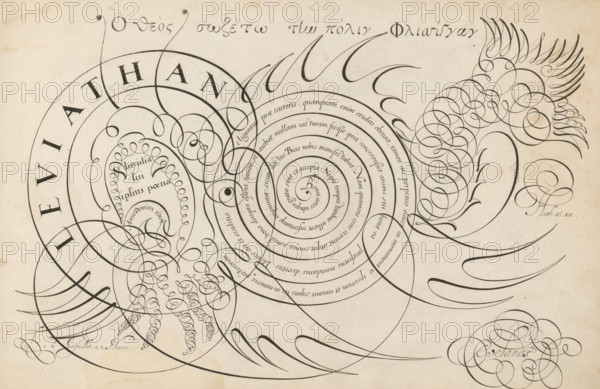 Writing sample with a sea monster in scrollwork, 't Magazin oft pac-huys der loffelycker