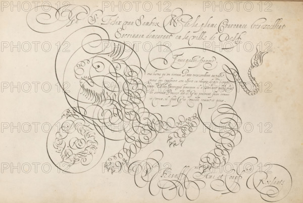 Writing sample with a lion in scrollwork, 't Magazin oft pac-huys der loffelycker penn-const,