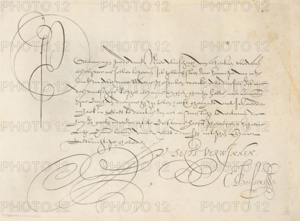 Writing sample: Politiane my good, Grammato-Graphices. In Quo Varia Scripurae Emblemata, print,