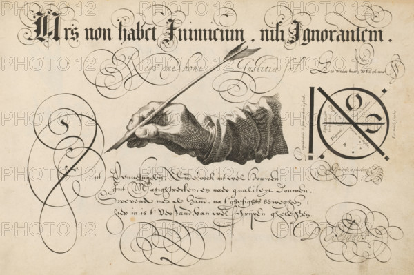 Right hand with goose quill, Ars non habet inimicum, nisi ignorantem, 't Magazin oft pac-huys der