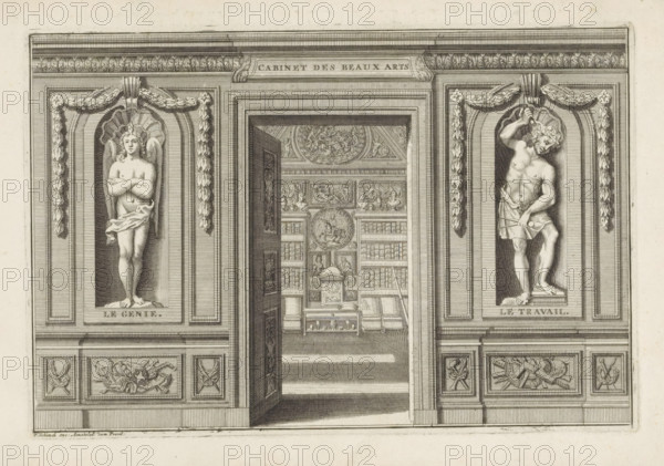 Open door to an art room with statues on either side of the personifications of Genius and Work,