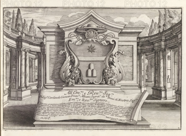 Ornamental coat of arms with coat of arms of Cardinal Giovanni Francesco Albani, the later Pope