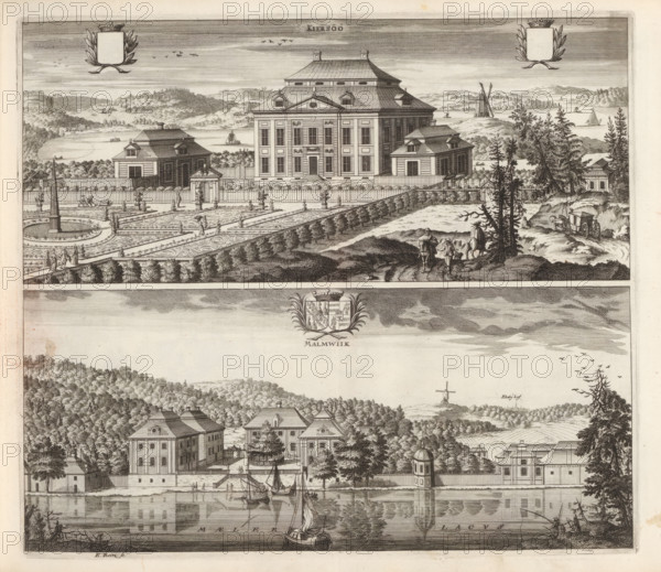 View of the Kärsö house and the mansion Malmvik, Kiersöö, Malmwiik, Suecia Antiqua et Hodierna,